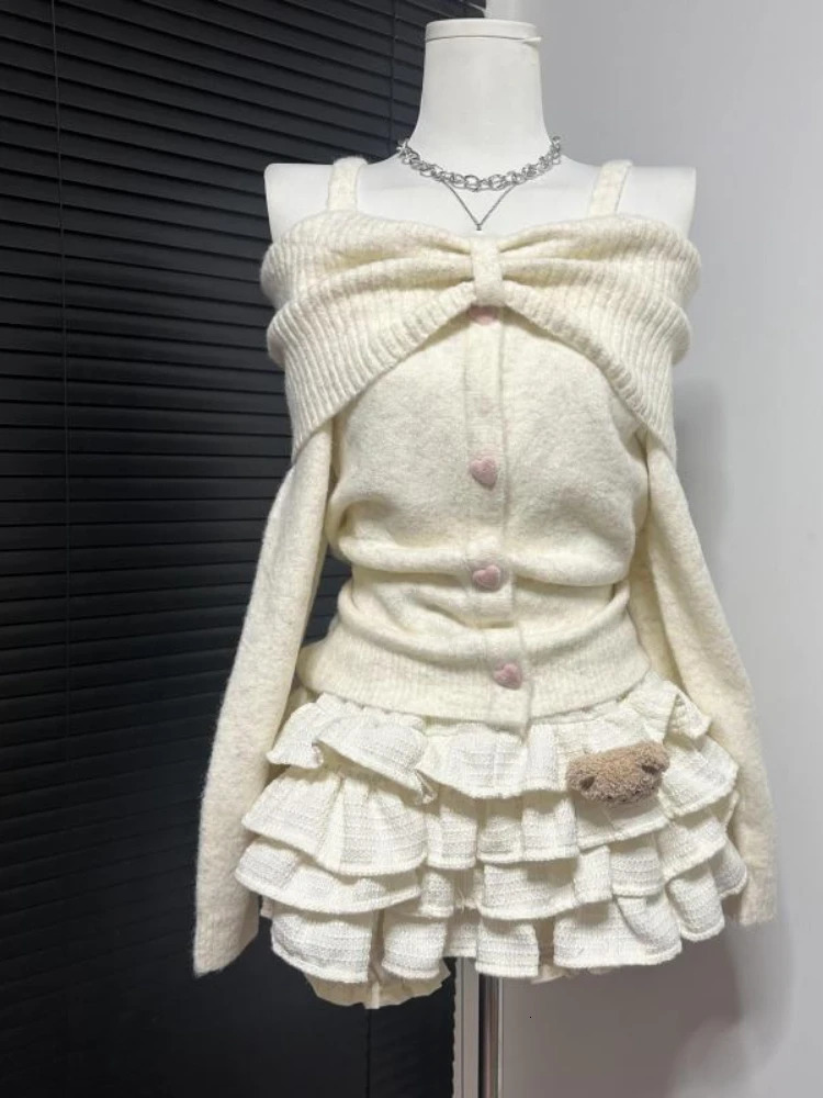 Sweet Slash Neck Sweater Women Kawaii Single Breasted Y2k Aesthetic Off Shoulder Slim Tops Sweater Fairy Bow Knitwear Jumper 251215