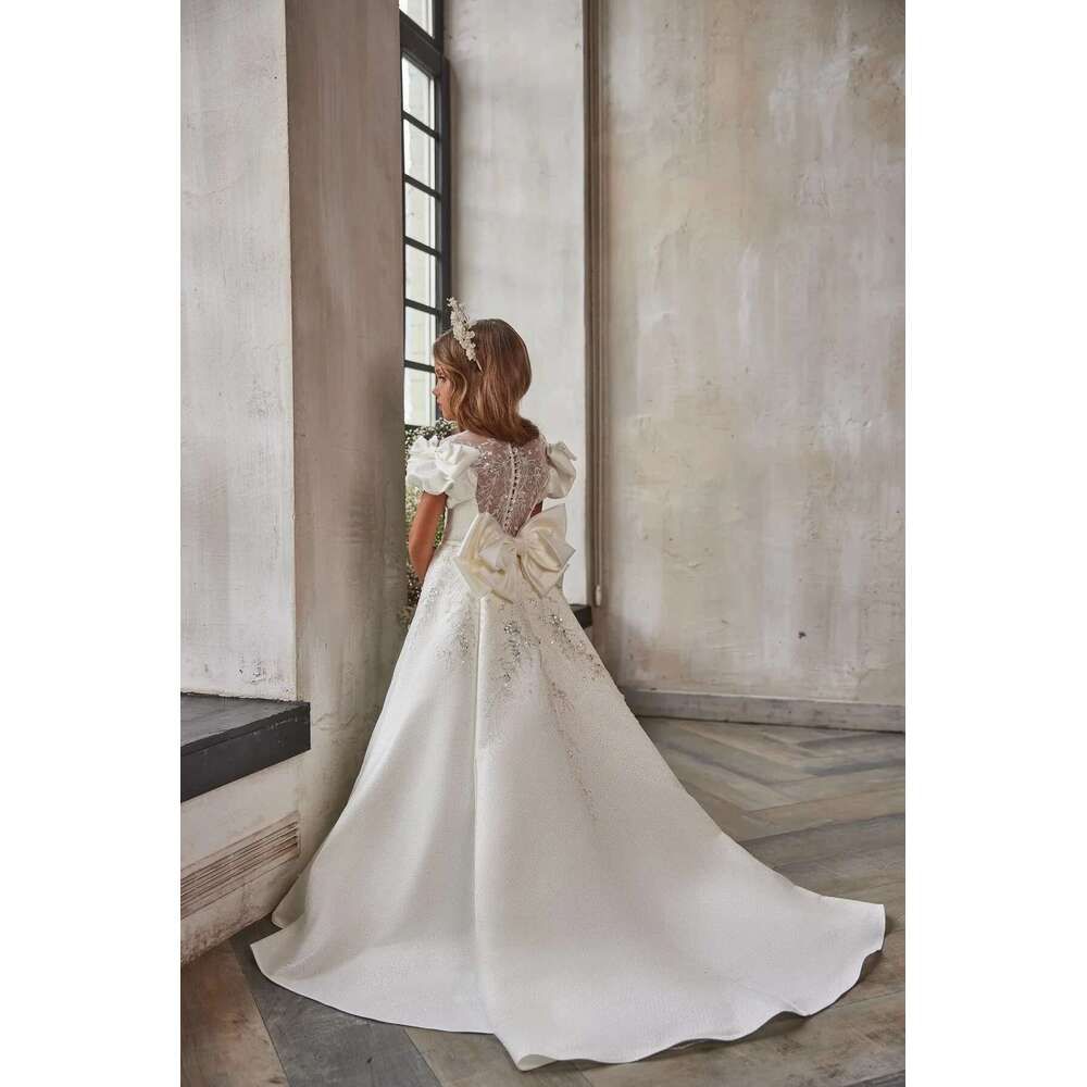 Holy White Ivory Flower Girl Dresses A Line Cap Sleeves Scoop Appliques Beaded Long First Communion Gowns Little Kids Birthday Party Dress D28 B0313