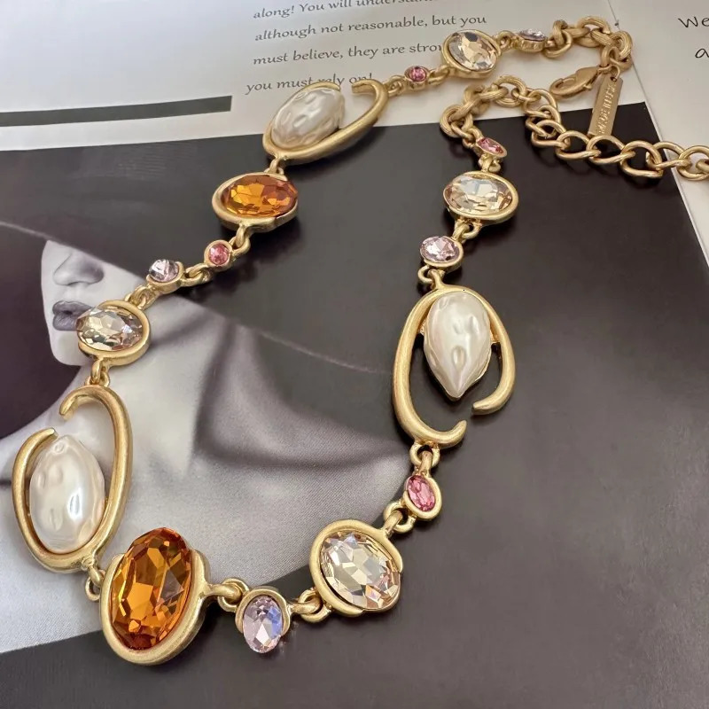 Glam O-Link Choker Rhinestone Collarbone Pendant Necklace Long Layering Chain for Women Sparkling Evening Party Jewelry 251223