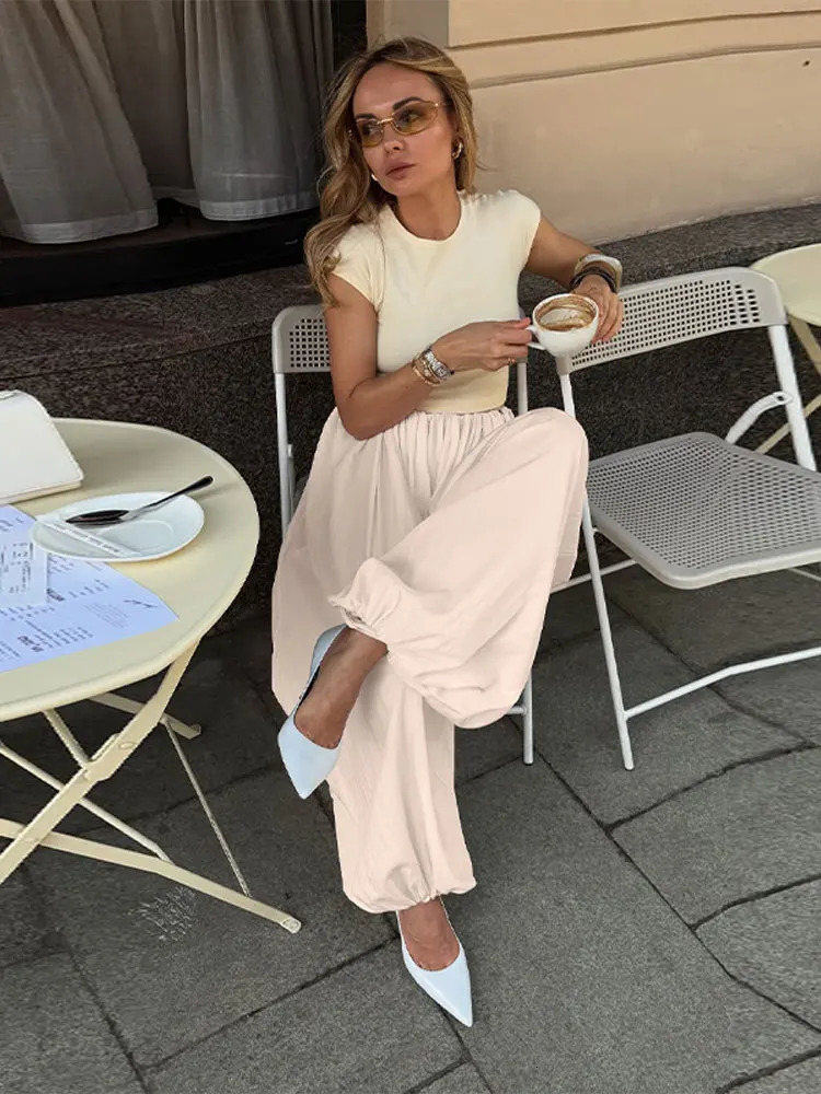 Casual Pink Oversized Bloomers Women Elastic Waist Hip Hop Wide Leg Pants Street Balloon Lace Up Jogger 2025 Summer Casual 251227