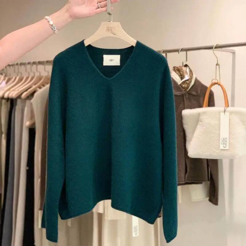 Women's Sweater Spring Autumn V-neck Long Sleeve Pullover High Quality 100% Merino Wool Knitwear Cashmere Top