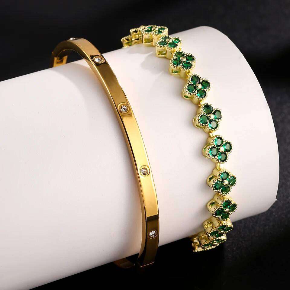 ZAKOL Colorful Zircon Inlaid Four Leaf Flower Bracelet Bangle For Women Exquisite Stainless Steel Plum Blossom Jewelry Gift