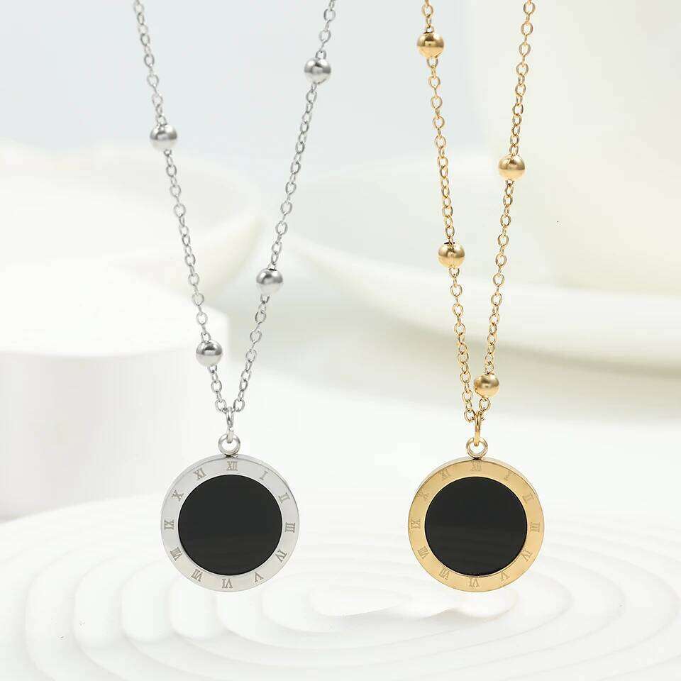 ZAKOL Fashion Roman Numeral Titanium Steel Necklace For Women Round Black Shell Pendant Choker Accessories Gift