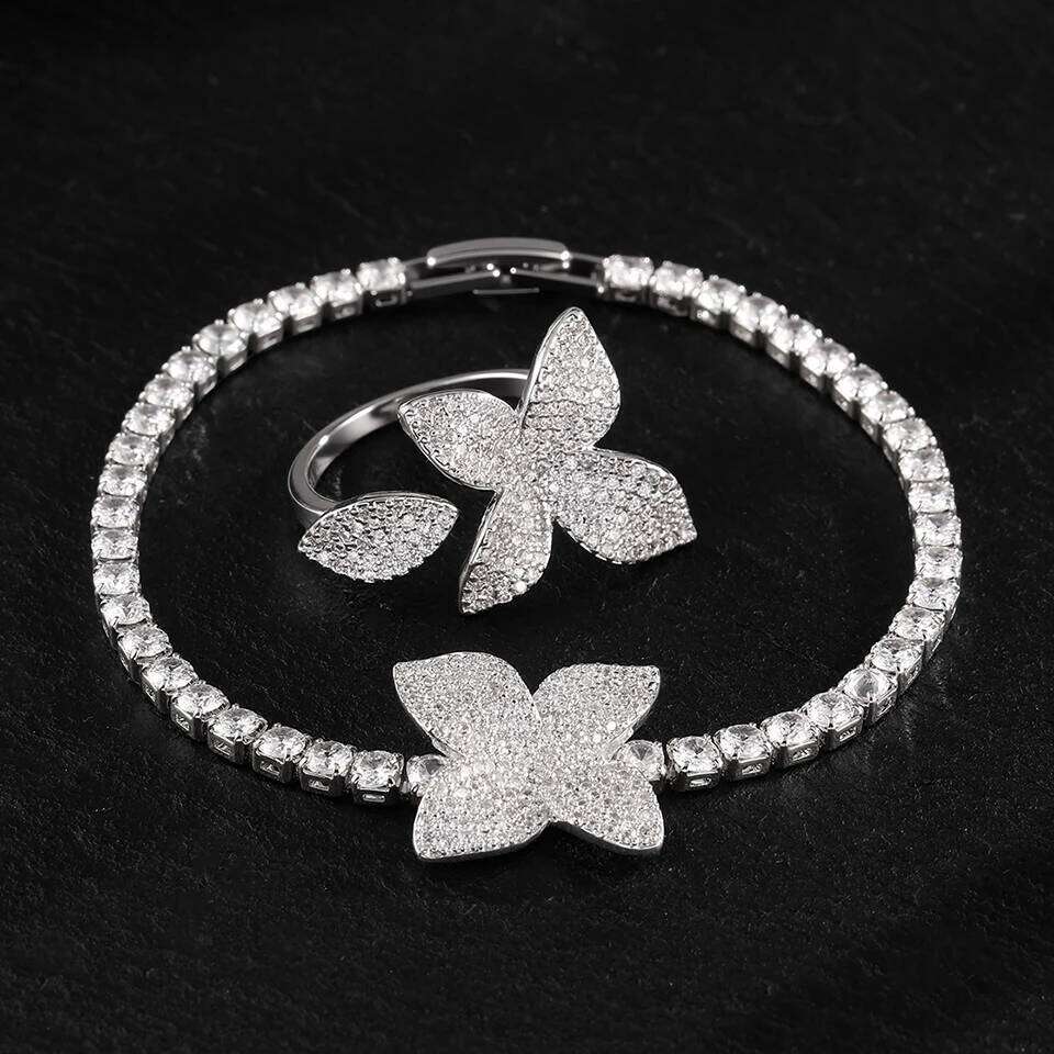 ZAKOL Luxury Brilliant Full Micro-inlaid Zircon Leaf Flower Bracelet Ring for Women Buling CZ Engagement Wedding Party Jewelry