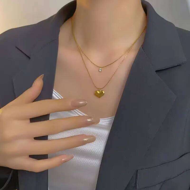 ZAKOL Stainless Steel Double-Layered Shiny Zirconium Metal Heart-Shaped Pendant Necklace, Fashionable And Personalized Birthday