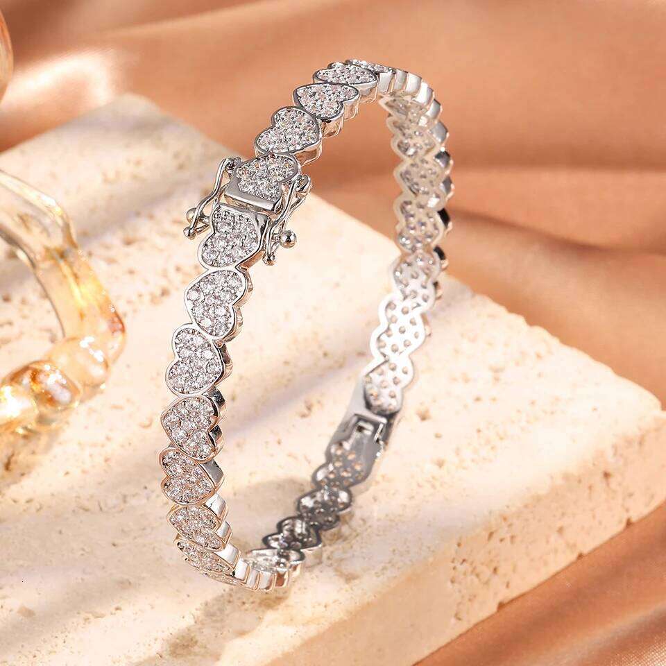 ZAKOL Full Iced Out Bling CZ Cubic Zirconia Heart Charm Bracelet Not Allergies Sliver Gold Color Hiphop Jewelry for Women Men