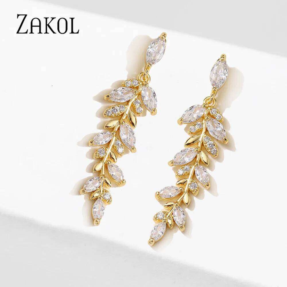 ZAKOL Charm Gold Color Leaf Earrings for Women Exquisite Tiny Zirconia Dangle Earring Elegant Korean Crystal Wedding Jewelry