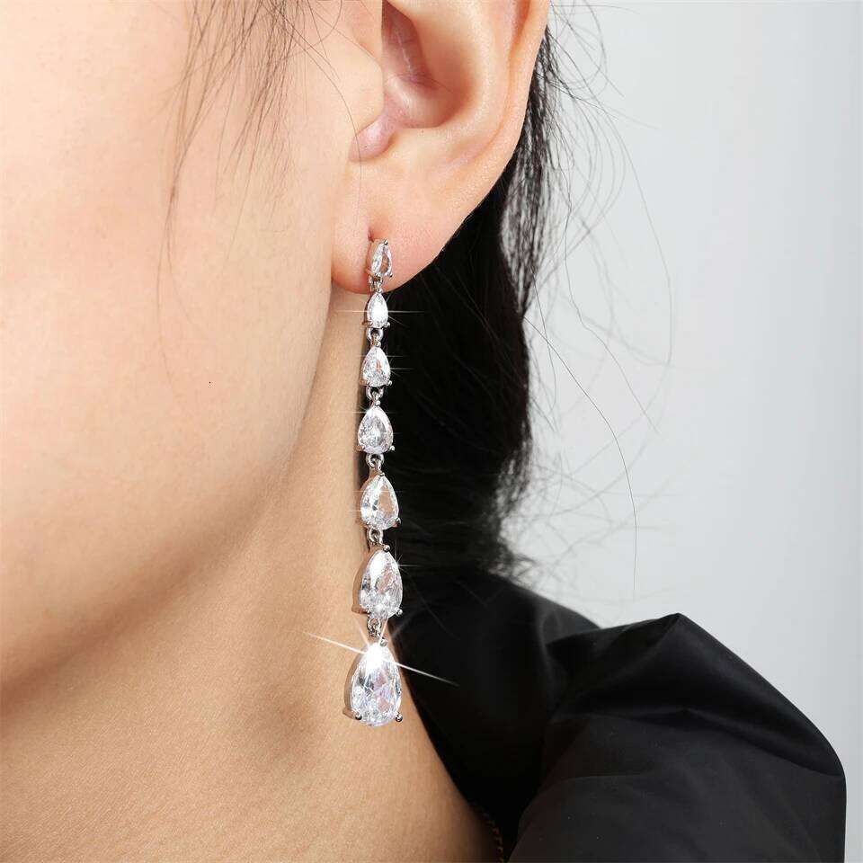 ZAKOL Gorgeous Water Drop Zirconia Long Dangle Earrings Women Sliver Color Shiny Zircon Crystal Bridal Earring Party Jewelry