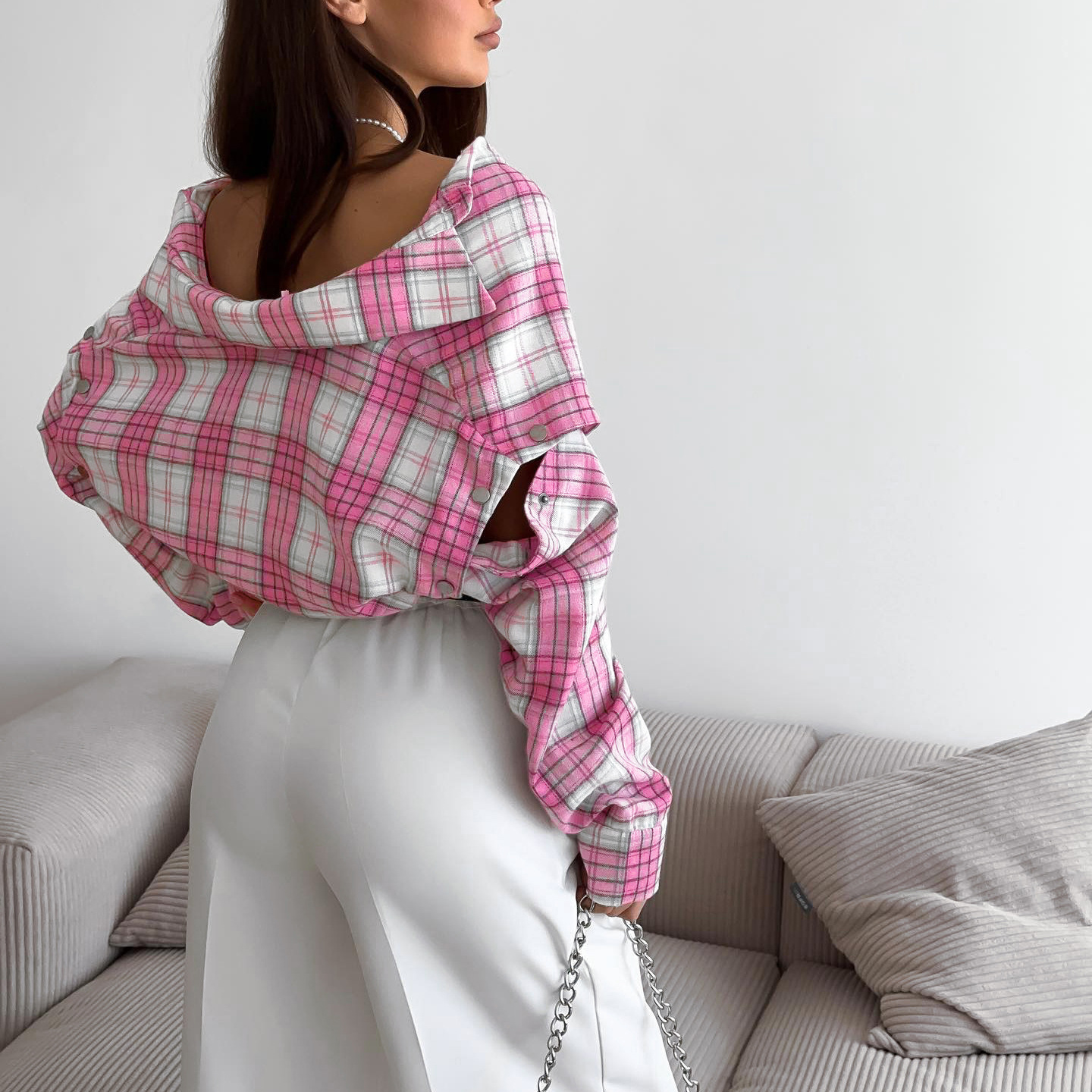 Pink Plaid Shirt for Women, New European and free shipping American Style, Versatile Loose Shirt, Detachable Long Sleeve, Turn-down Collar, Outerwear 