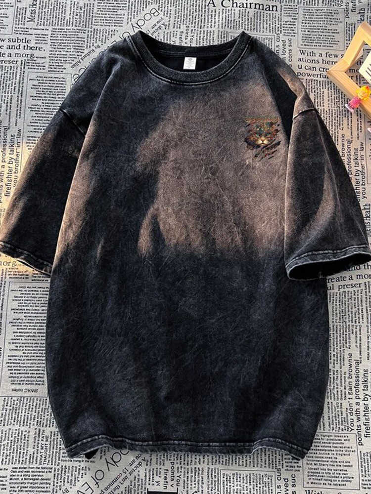 2026 Summer New American Style Washed Short Sleeve T-shirt for Men. Trendy Brand, Cat Print, Loose Fit, Couples' Style.
