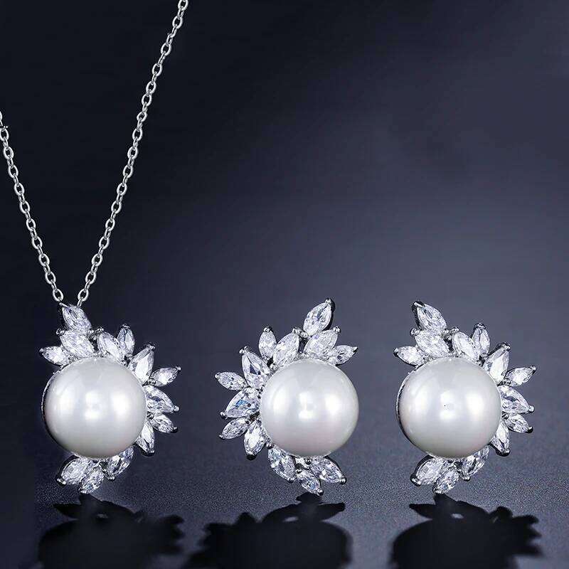 ZAKOL Simple White Smooth Imitation Pearl Earring Necklace Set for Women Shiny Zircon Crystal Wedding Party Jewelry