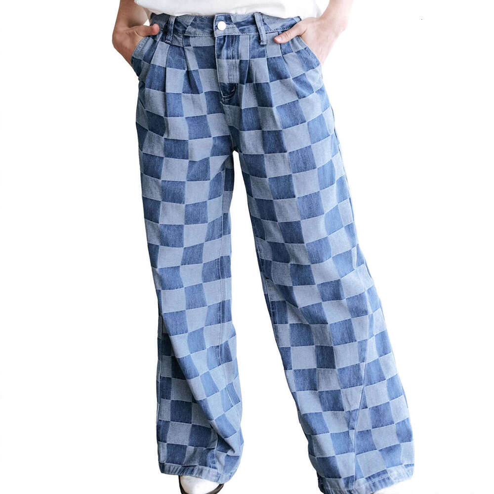 European American Style Trendy Checkerboard Print Jeans Spring and Autumn New High Waist Loose Wide Leg Pants for Women