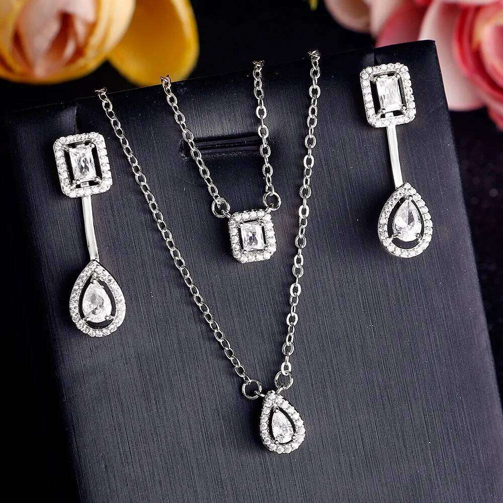 ZAKOL Classic Square Teardrop Shaped Zircon Double Pendant Necklace Earrings For Women Fashion Saudi Wedding Party Jewelry