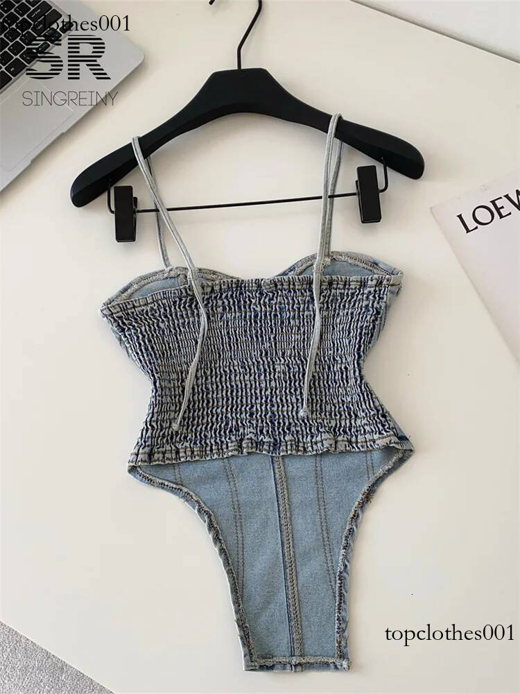 SINGREINY Ladies Sexy Denim Camisole Summer Slim Backless American Fashion Tank Vintage Distressed Streetwear Lingerie Top