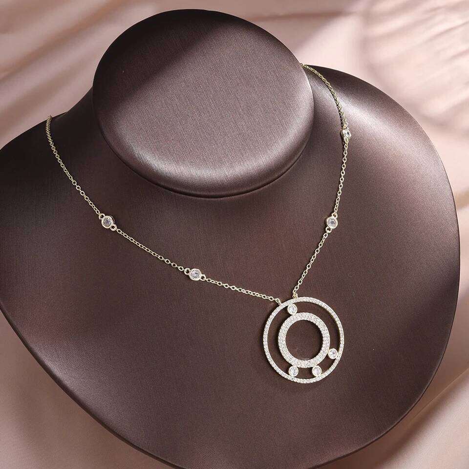 ZAKOL New Buling Two Hollow Circles Zircon Pendant Necklace Earrings for Women Elegant Party Weddding Jewelry Set