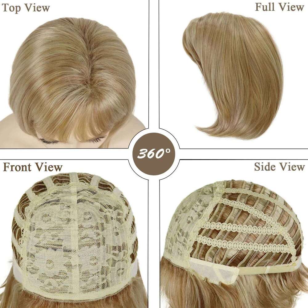 Synthetic Mix Blonde Bob with Bangs Short Straight Wigs for Women Natural Looking Daily Casual Party Mom Wig Heat Resistant