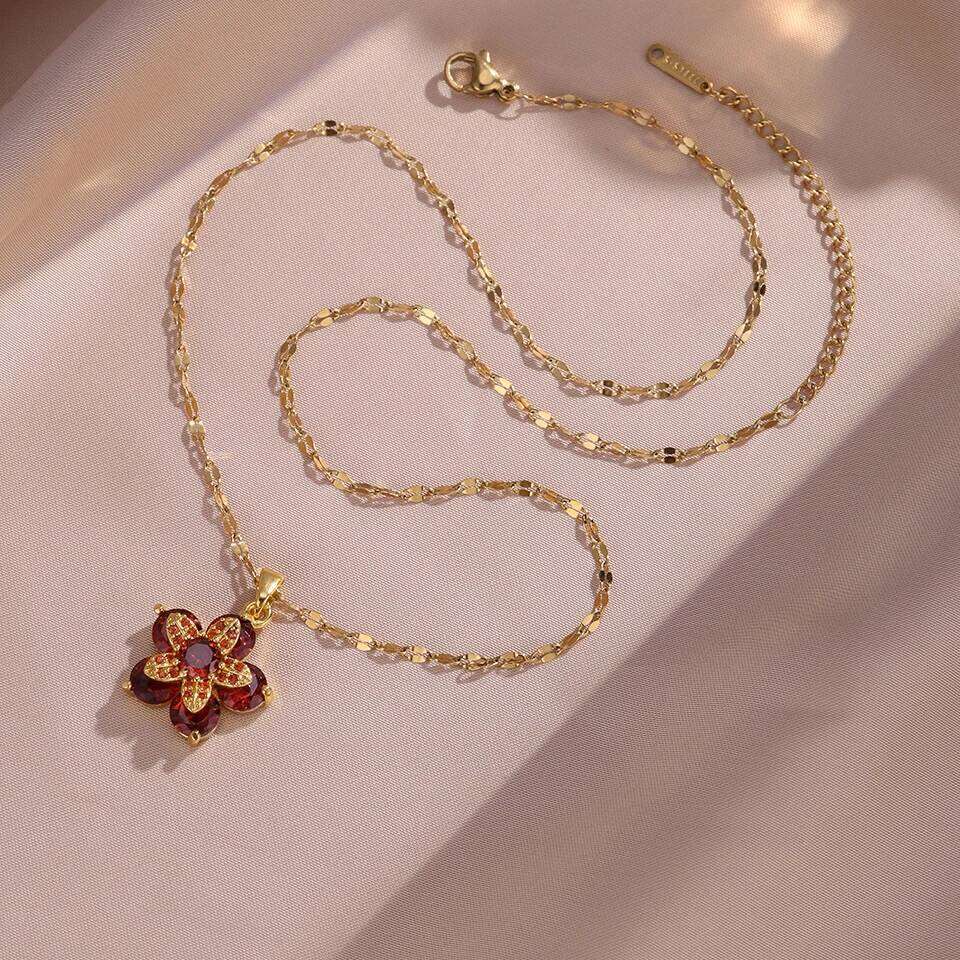 ZAKOL Rotable Flower Pendant Necklace Colorful Pink Crystal Zircon Stainless Steel Clavicle Chain Women's Accessories Gift