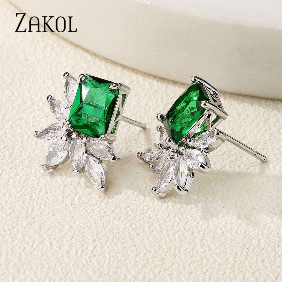 ZAKOL Big Yellow Green Geometric Cubic Zirconia Stud Earrings for Women Exquisite Anniversary Birthday Jewelry Gift