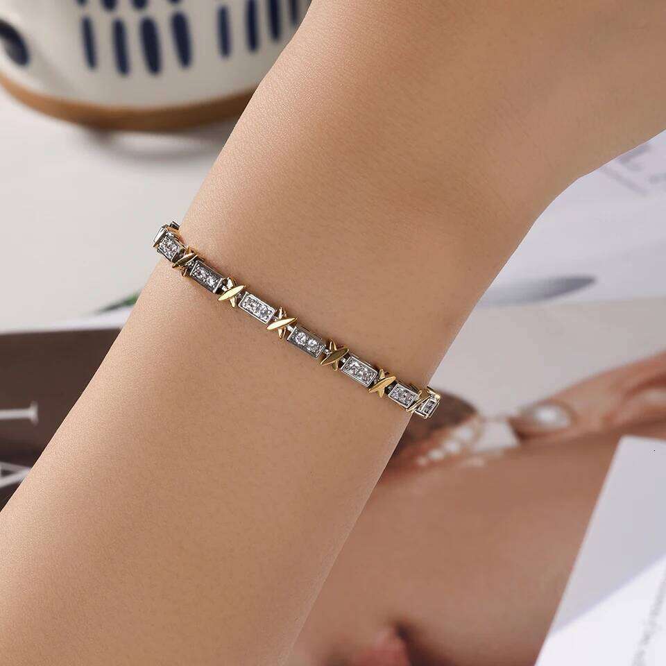 ZAKOL Three Gold Colors X Cross Design Zirconia Charm Bracelets for Women Exquisite Wedding Party Jewelry Gifts