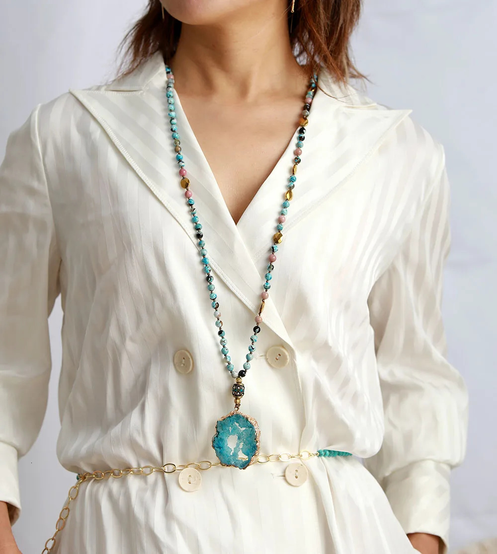 Boho Natural Stones Onyx Gold Plated Druzy Nepal Pendant Necklaces Handmade Gilded Drusy Women Lariat Collar Jewelry Dropship 251223