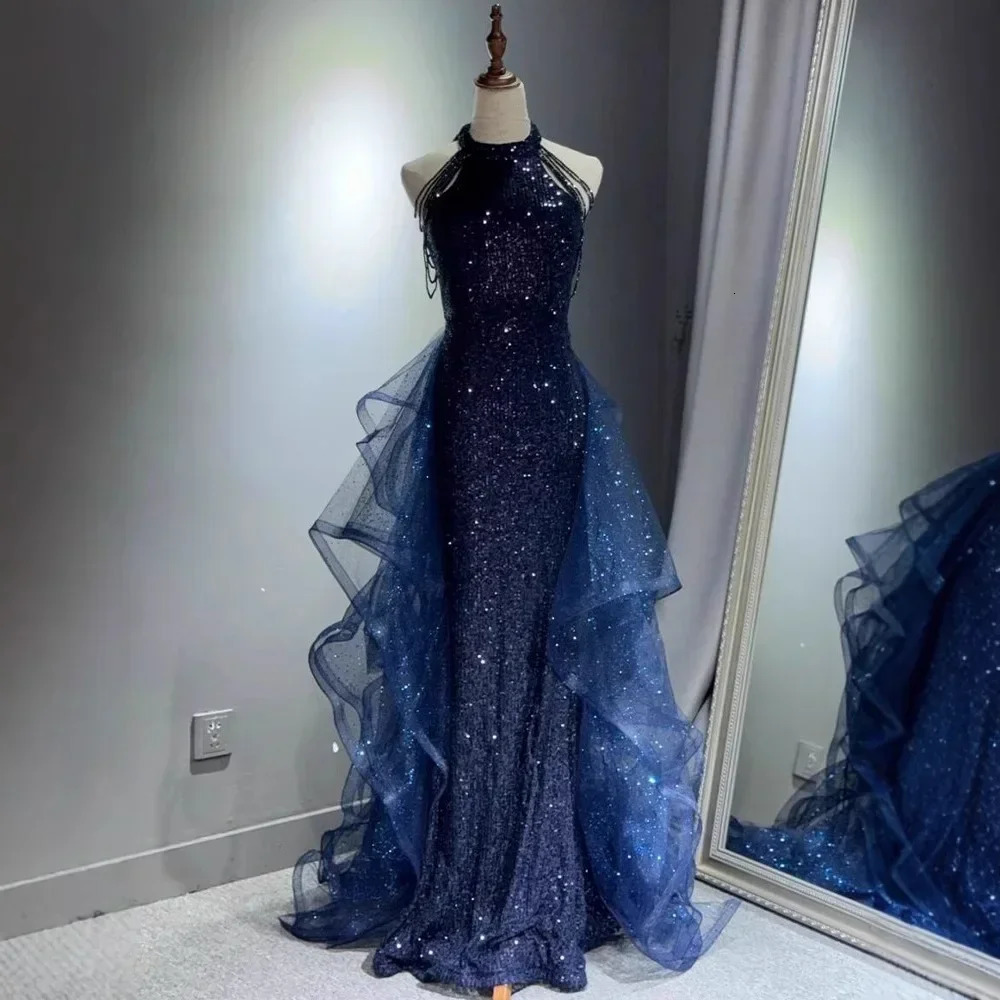 Elegant Sparking Navy Blue Evening Dresses Halt Beading Party Gown Customized Prom Dress 2025 251217