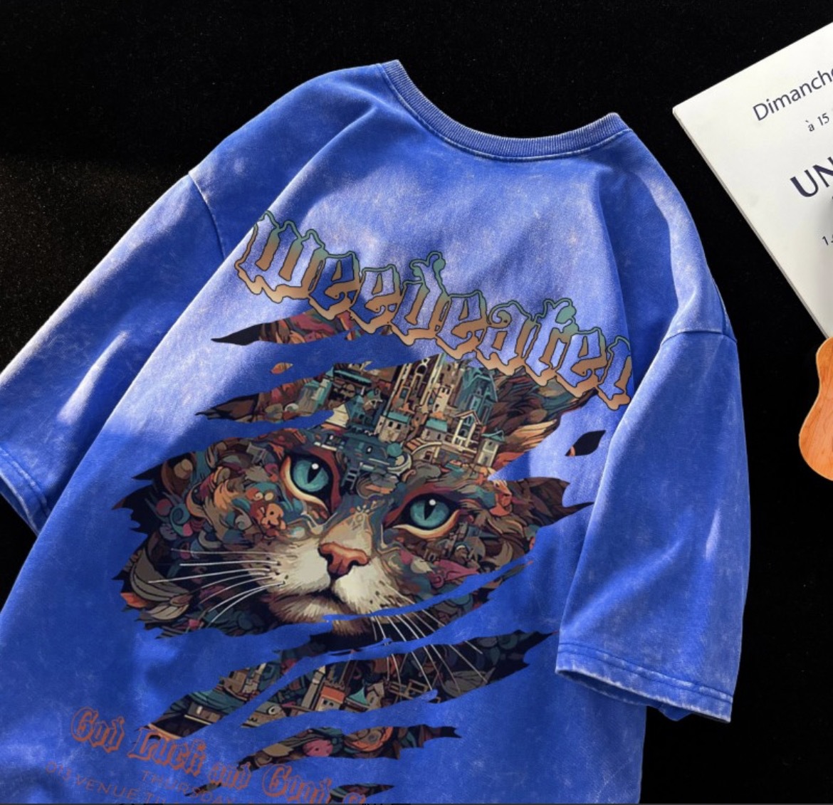 2026 Summer New American Style Washed Short Sleeve T-shirt for Men. Trendy Brand, Cat Print, Loose Fit, Couples' Style.
