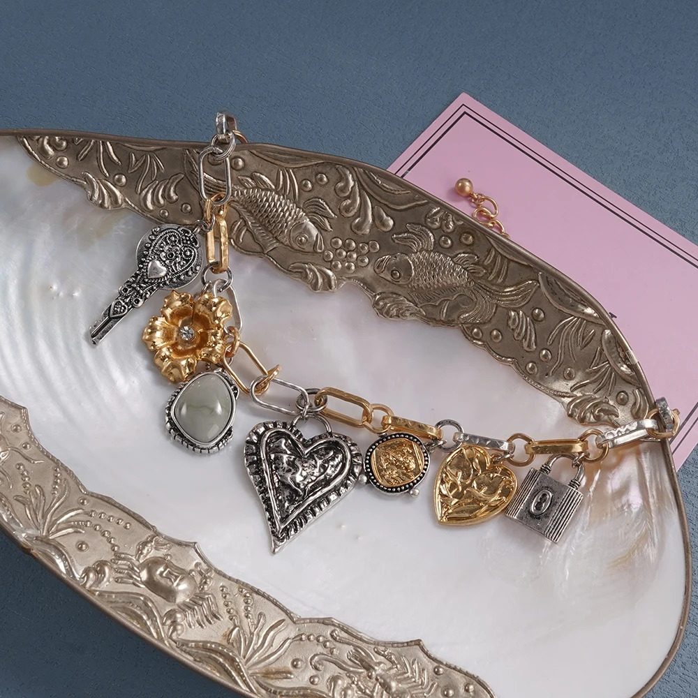 Vintage Mixed Metal Charm Necklace with Key Lock Heart Flower Stone Pendants Boho Statement Jewelry for Women Unique Retro 251223