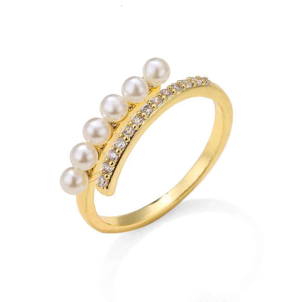 ZAKOL Korean Fashion Gold Color Round Small Pearl Open Ring Shiny Zircon Minimalist Women Daily Accessories