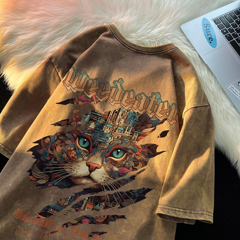 2026 Summer New American Style Washed Short Sleeve T-shirt for Men. Trendy Brand, Cat Print, Loose Fit, Couples' Style.