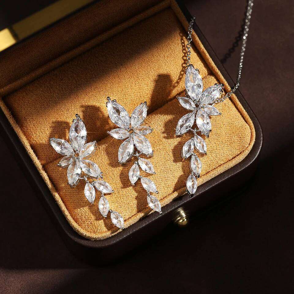 ZAKOL Brand Classic AAA Zircon Leaf Tassel Earring Necklace Sets With Box Exquisite Anniversary Birthday Wedding Jewelry Gift