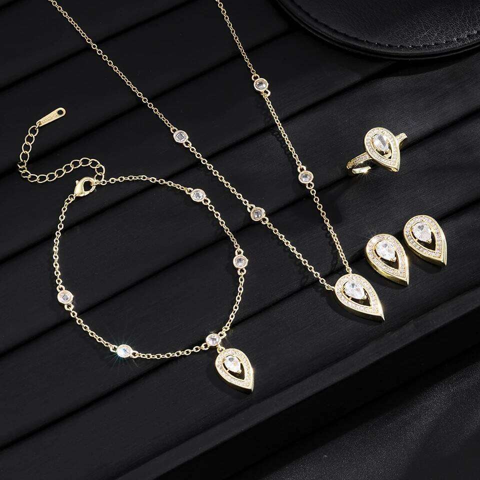 ZAKOL 4Pcs/Set AAA Cubic Zirconia Pear-shaped Wedding Set for Women Elegant Shiny Crystal Aesthetic Jewelry Gift