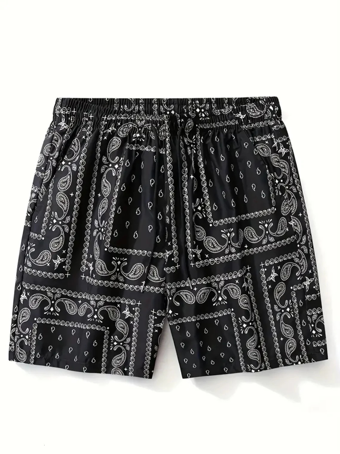 Mens Bandana Print Shorts Summer Loose Casual Elastic Waist Black Fashion Hip Hop Beach Shorts 251223