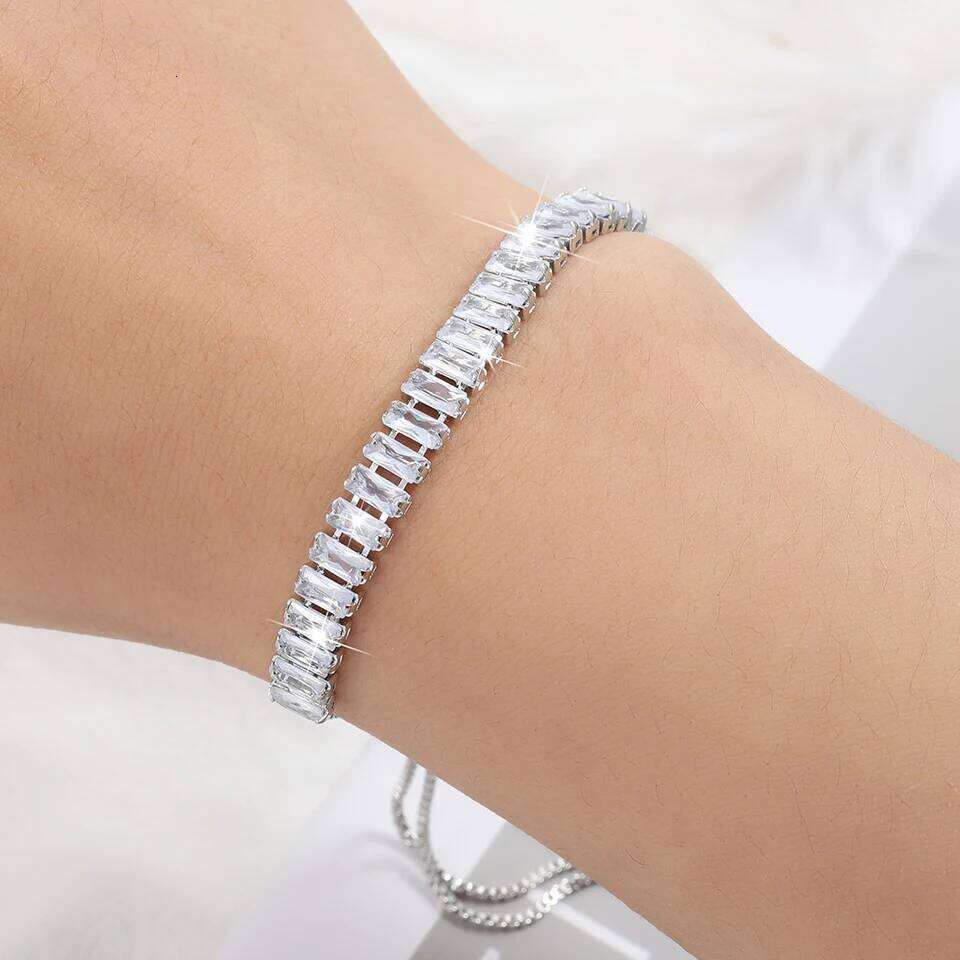 Adjustable Fashion Elegant Rectangle New Crystal Bracelet for Women White Gold Color Bangle Party Jewelry