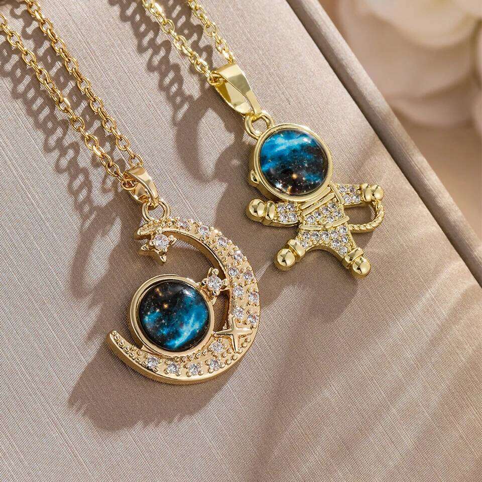 ZAKOL 2Pcs/Set Planet Universe Moon Series CZ Pendant Necklace Sliver Gold Color Titanium Steel Chain Choker Jewelry Gift