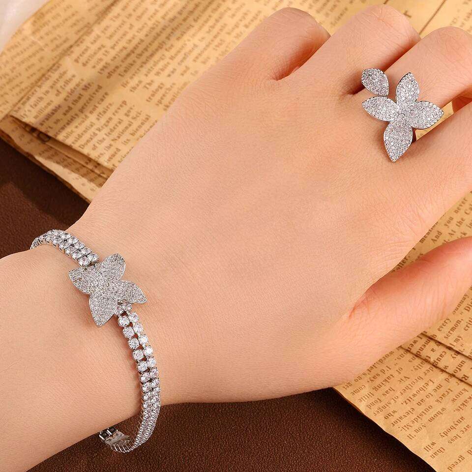 ZAKOL Luxury Brilliant Full Micro-inlaid Zircon Leaf Flower Bracelet Ring for Women Buling CZ Engagement Wedding Party Jewelry
