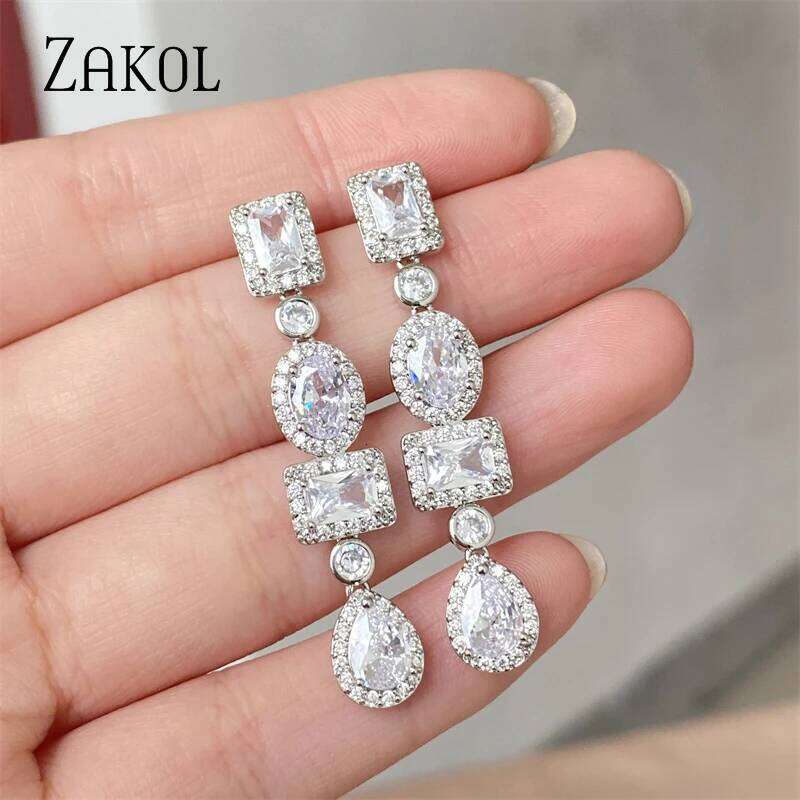 ZAKOL Luxury Geometric Water Drop Crystal Long Dangle Earrings for Women Delicate Shiny Zircon Bridal Wedding Jewelry