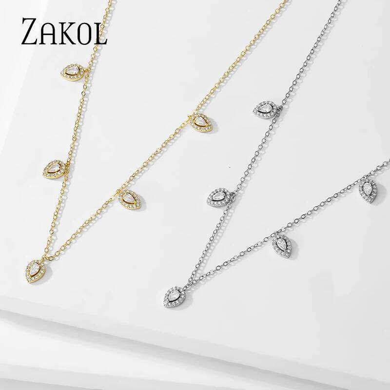 ZAKOL Korean Fashion Leaf Water Drop Choker Necklaces for Women AAA Cubic Zirconia Thin Chain Necklace Jewelry