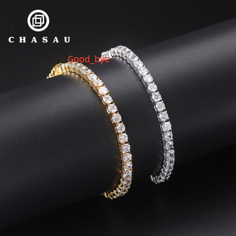 Hip Hop Men Jewelry White 14k Gold Plated 925 Sterling Silver Cluster Moissanite 3mm Tennis Chain Bracelet for Women