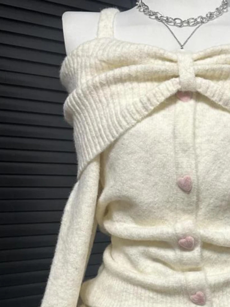 Sweet Slash Neck Sweater Women Kawaii Single Breasted Y2k Aesthetic Off Shoulder Slim Tops Sweater Fairy Bow Knitwear Jumper 251215