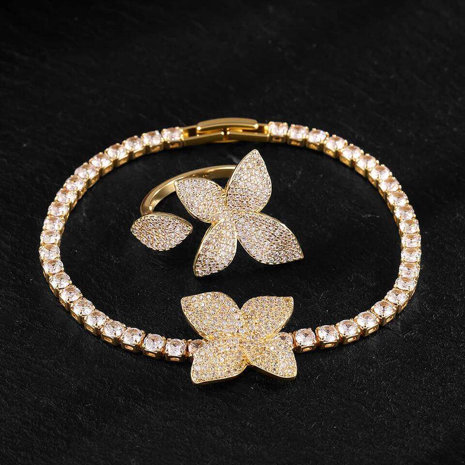 ZAKOL Luxury Brilliant Full Micro-inlaid Zircon Leaf Flower Bracelet Ring for Women Buling CZ Engagement Wedding Party Jewelry