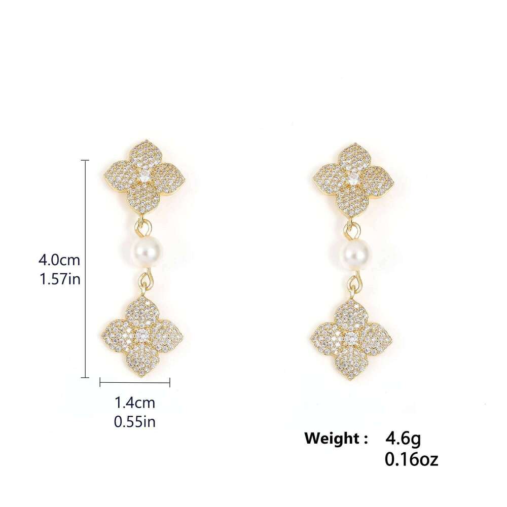 ZAKOL New Shiny Micropaved Zirconia Leaf Flower Drop Earring Imitation Pearl Glamor Bridal Earrings Women's Wedding Jewelry