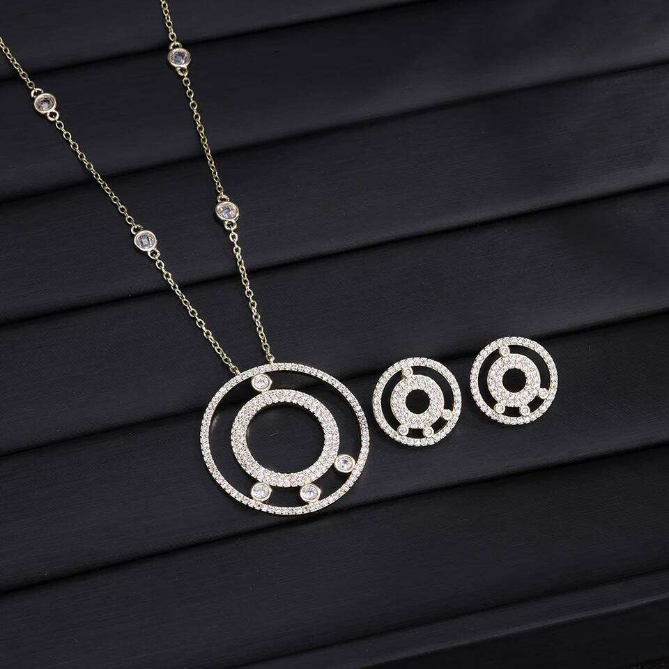 ZAKOL New Buling Two Hollow Circles Zircon Pendant Necklace Earrings for Women Elegant Party Weddding Jewelry Set