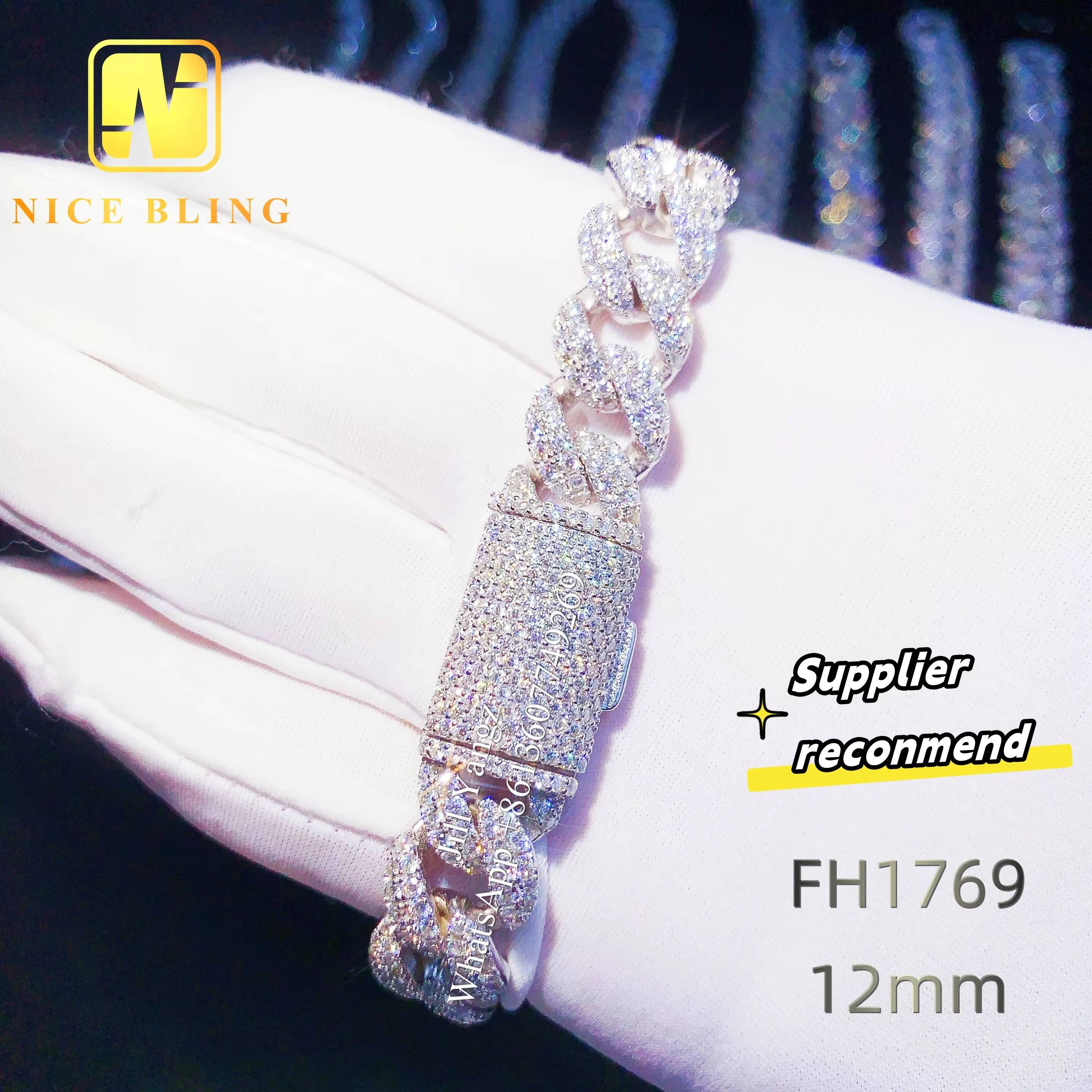 Nice Bling Jewelry Affordable Moissanite Cuban Bracelet Ready Stock 6mm to 14mm Hip Hop Rock Moissanite Cuban Chain 925 Silver