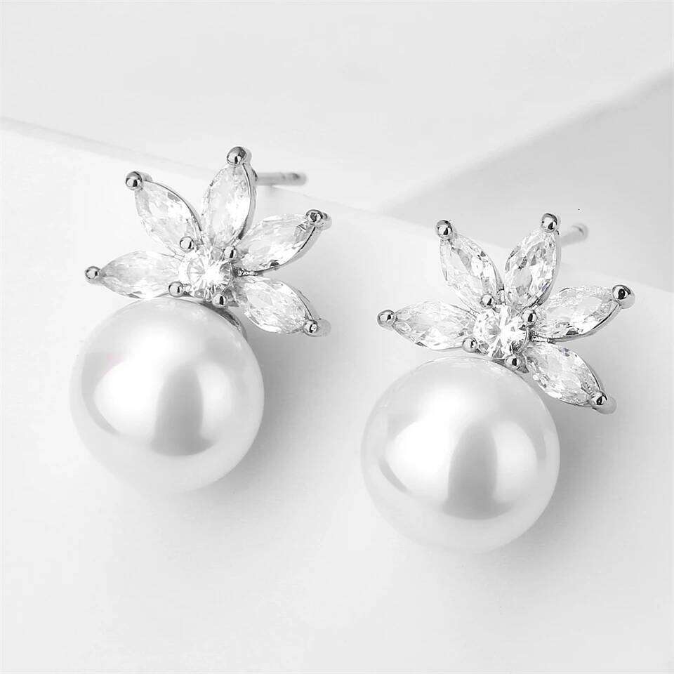 ZAKOL Colorful Radiant Imitation Pearls CZ Stud Earrings for Women Elegant Leaf Flower Bridal Earring Wedding Jewelry