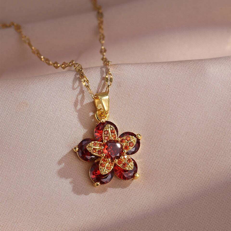 ZAKOL Rotable Flower Pendant Necklace Colorful Pink Crystal Zircon Stainless Steel Clavicle Chain Women's Accessories Gift
