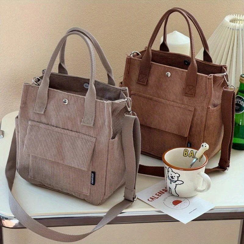 Hand Washable Corduroy Tote Bag with Multiple Pockets Everyday Crossbody or Shoulder Bag Solid Color Satchel for Daily Use251222