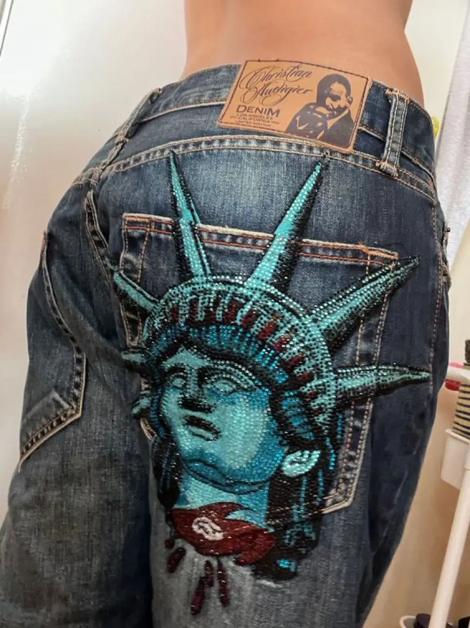 Y2k 2000s Statue of liberty Diamonds Jeans Casual Denim Pants High Waist Straight Wide Leg Jeans Harajuku Vintage Women Clothing 251217