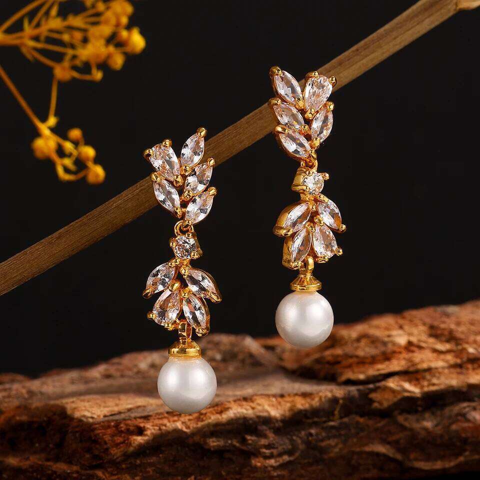 ZAKOL Luxury Leaf Cubic Zirconia Imitation Pearl Dangle Earring for Women Elegant Wedding Engagement Party Jewelry