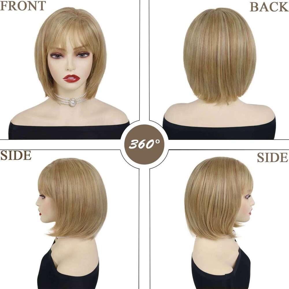 Synthetic Mix Blonde Bob with Bangs Short Straight Wigs for Women Natural Looking Daily Casual Party Mom Wig Heat Resistant