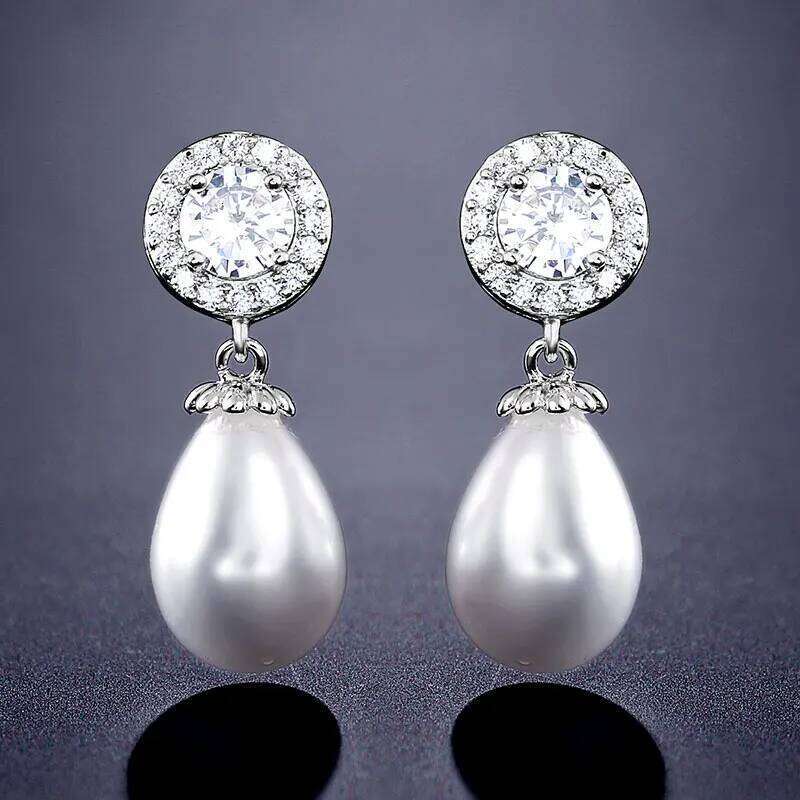 ZAKOL Elegant Geometric Zircon Imitation Pearl Drop Earring for Women Shiny Crystal Bridal Promise Engagement Wedding Jewelry